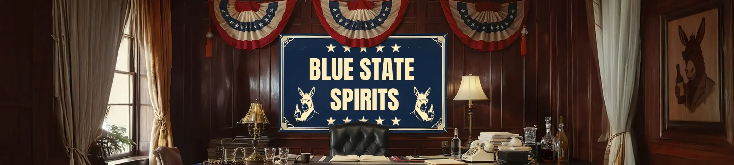 desk with Blue State Spirits flag behind it